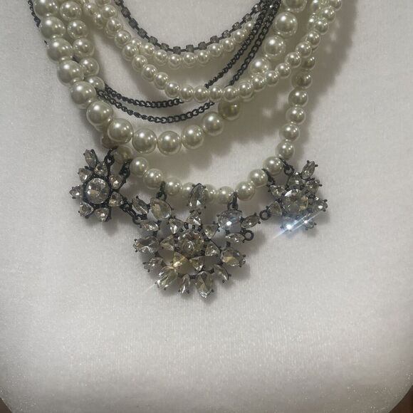 Faux Pearl Multistrand Silver Tone Heavy Chunky Pendant Necklace - Picture 4 of 5